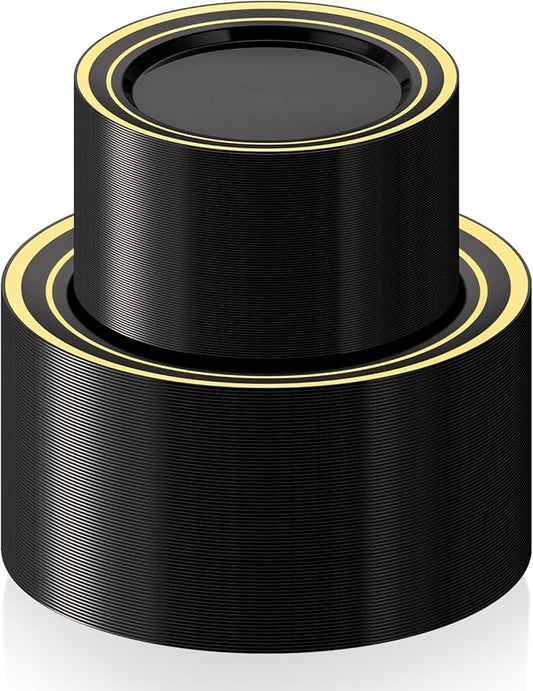 BESTSTAR 200PCS Black Plastic Plates Set with Gold Rim, 100 10.25 inch Dinner Plates and 100 7.5 inch Dessert Plates, Premium Disposable Plates forfor Party, Wedding, Holiday,And Halloween
