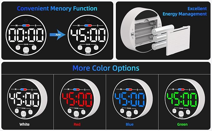 Large LED Digital Timer, Magnetic Countdown Loud Timer for Kitchen Cooking, Classroom Whiteboard, Kids, Toddler, Game, Productivity, Focus, Work, Task, Office, Meeting – Small, Simple, Visual, White