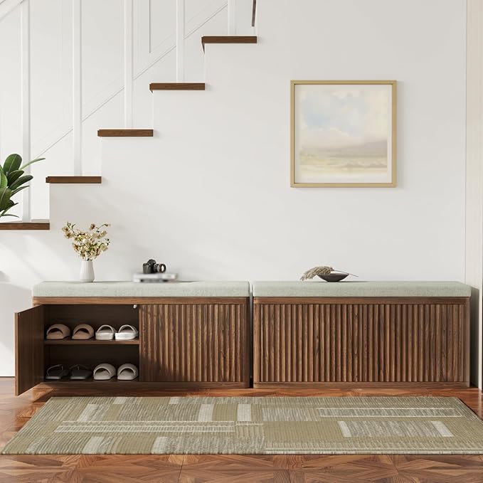 Entryway Shoe Storage Bench with 2" Cushion, 37.4" Small Bench with Shoe Rack, Cabinet Organizer for Hallway，Bedroom End of Bed,Walnut