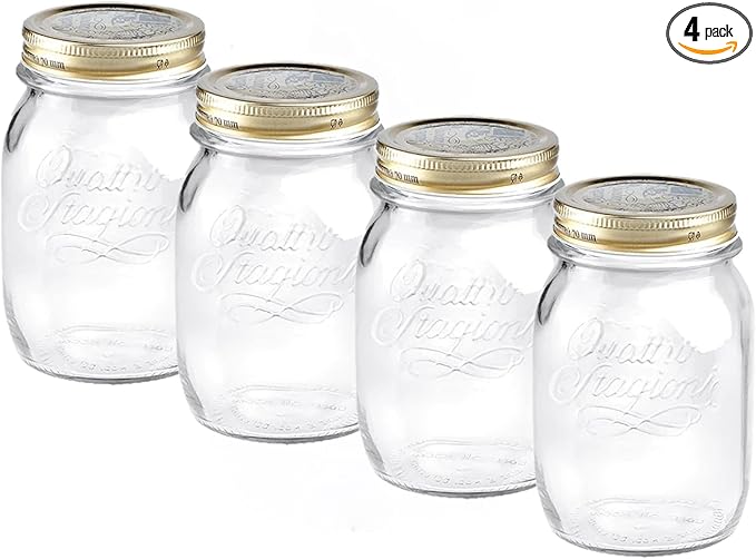Bormioli Rocco Quattro Stagioni set of 4 Clear Airtight Mason Jars, 17 Oz. Made from BPA Free Durable Glass, Made In Italy.