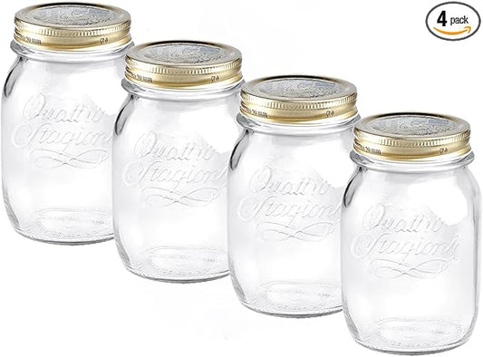 Bormioli Rocco Quattro Stagioni set of 4 Clear Airtight Mason Jars, 17 Oz. Made from BPA Free Durable Glass, Made In Italy.