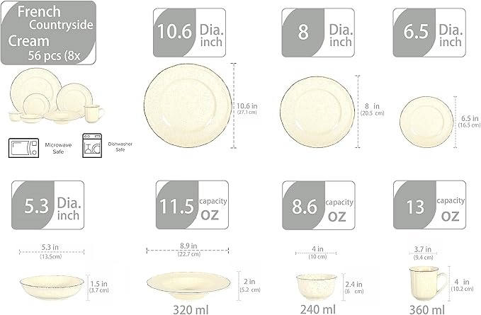56pc Dinnerware Set, Plate and Bowl Set, Stoneware Dishes Set for 8, Microwave and Dishwahser Safe, Scratch Resistant, French Countryside Speckled Antique Cream