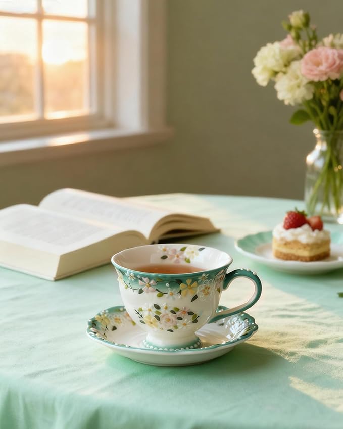 Exquisite Bone China Tea Cups and Saucer Set – Elegant Porcelain Tea Cups, Beautifully Detailed for Tea Lovers, Gift-Ready for Christmas, Hostess, Holiday Gift & Fall Decor