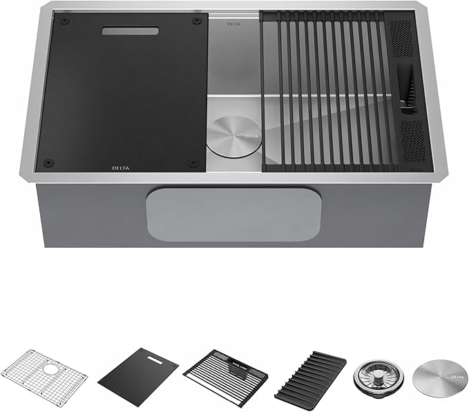DELTA FAUCET Rivet 30-Inch Workstation Kitchen Sink Undermount 16 Gauge Stainless Steel Single Bowl with WorkFlow Ledge and Chef’s Kit of 6 Accessories, 95B931-30S-SS