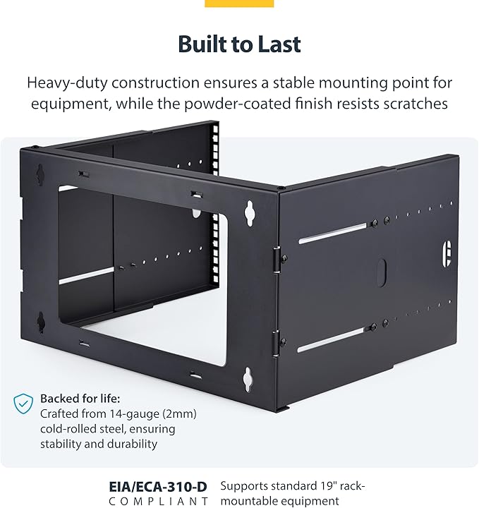 StarTech.com 2-Post 6U Wall Mounted Rack, Adjustable Depth up to 16in, for 19-inch Server/Data/Networking Equipment, Max 88lb