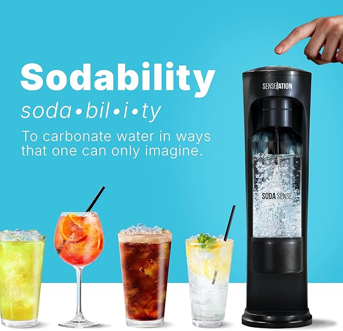 SENSEation Soda Machine Kitchen Gadgets, New Home Essentials - Sparkling Water Maker Set With 3 Threaded CO2 Cartridges & Reusable Carbonation Bottle