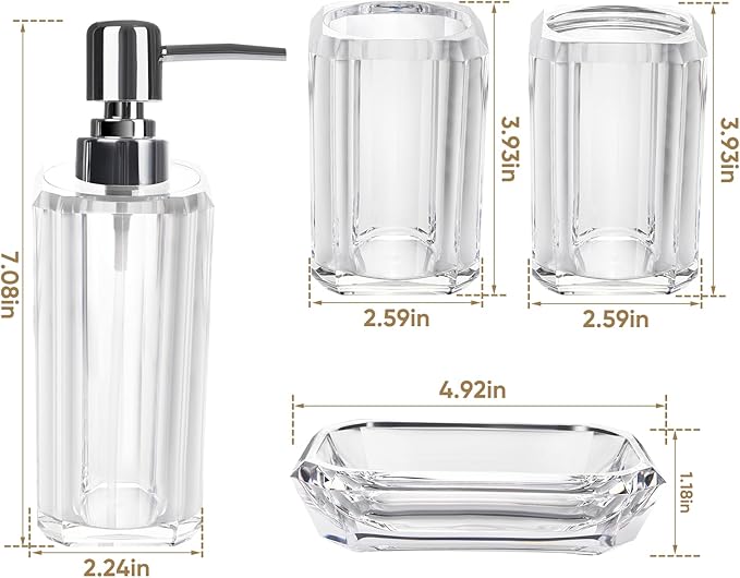 Clear Bathroom Accessories Set, Bathroom Accessories Set, 4 Pcs Acrylic Bathroom Accessories Sets Hand Sanitizer Bottle, Lotion Can, Separate Bottle, Soap Box, Toothbrush Cup(Clear)