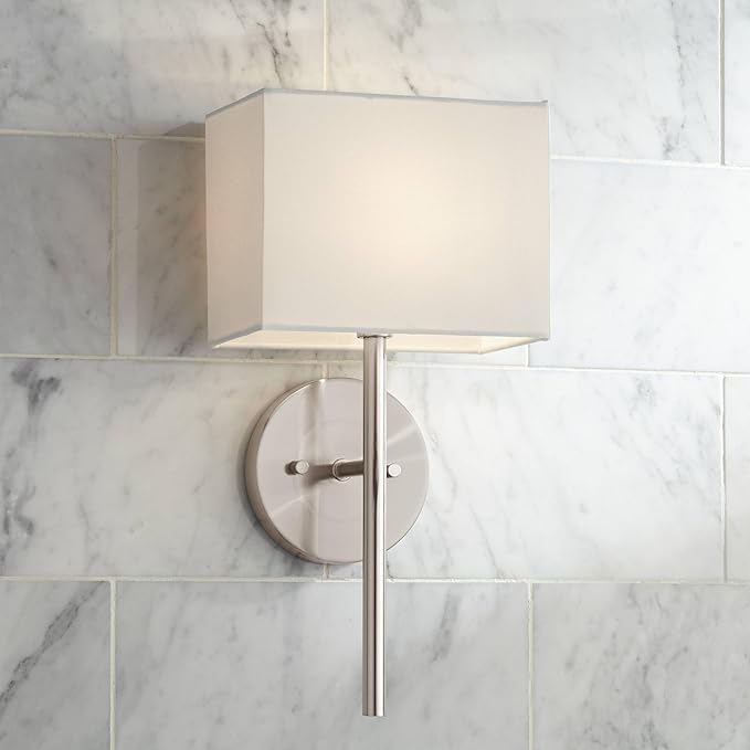 Possini Euro Design Favreau Modern Wall Sconce Lighting Brushed Nickel Silver Hardwired 16 1/4" High Fixture Rectangular Linen Shade Bedroom Bedside Living Room Home Hallway Dining Kitchen