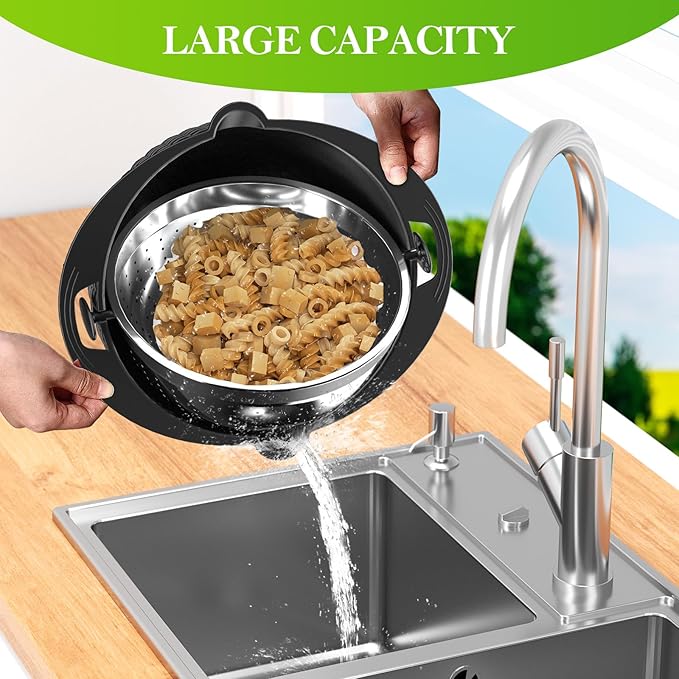 4-1 Colander with Mixing Bowl Set - Colander for Kitchen - Strainers and Colanders - Pasta Strainer - Bowl With Colander - Rice Strainer Fruit Cleaner Veggie Wash Kitchen Essentials, Black