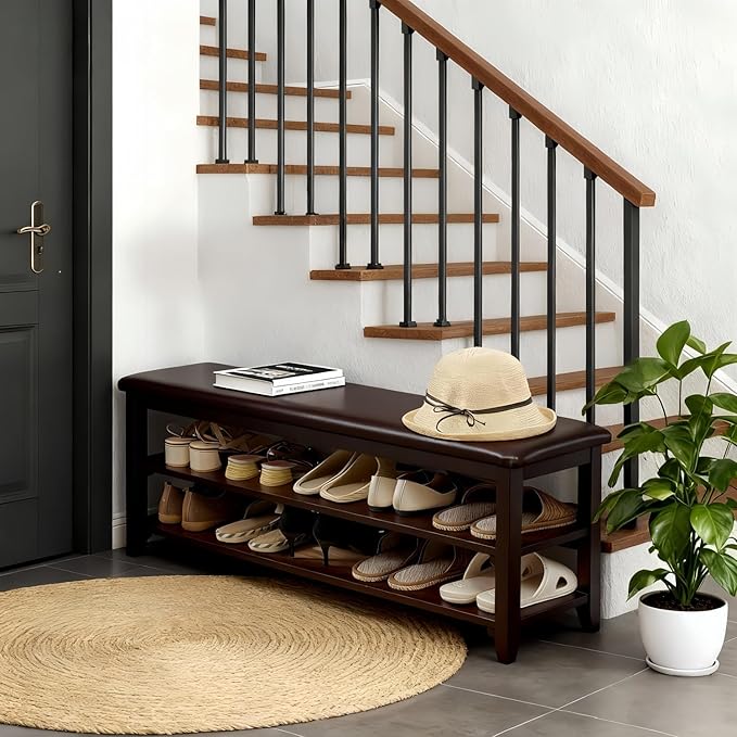Shoe Bench Storage with Leather Cushion, Rustic Solid Wood Entryway Bench with 2 Height-Adjustable and Removable Shelves for Hallway, Living Room, Mudrooms (Dark Brown,47.2")