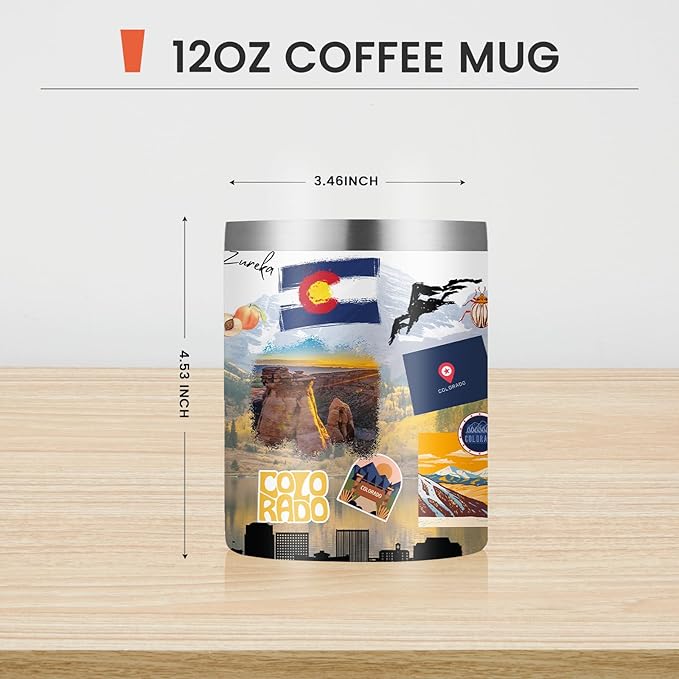 12oz Coffee Mug Colorado State Insulated Coffee Cups, United States Map Travel Mug Landmark, Birthday Gifts Cute Mugs with Lid and Straw Mothers Day Gifts