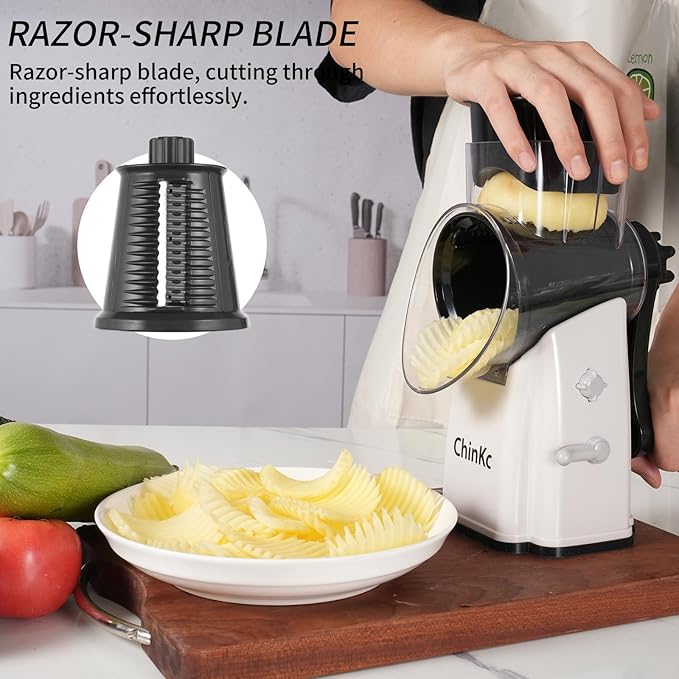 Rotary Cheese Grater Shredder - Upgraded 5 in 1 Cheese Grater with Handle and Strong Suction Base, Multi-purpose Julienne Slicer Ice Shaver Nuts Grinder for Ice, Vegetables, Fruit, Nuts