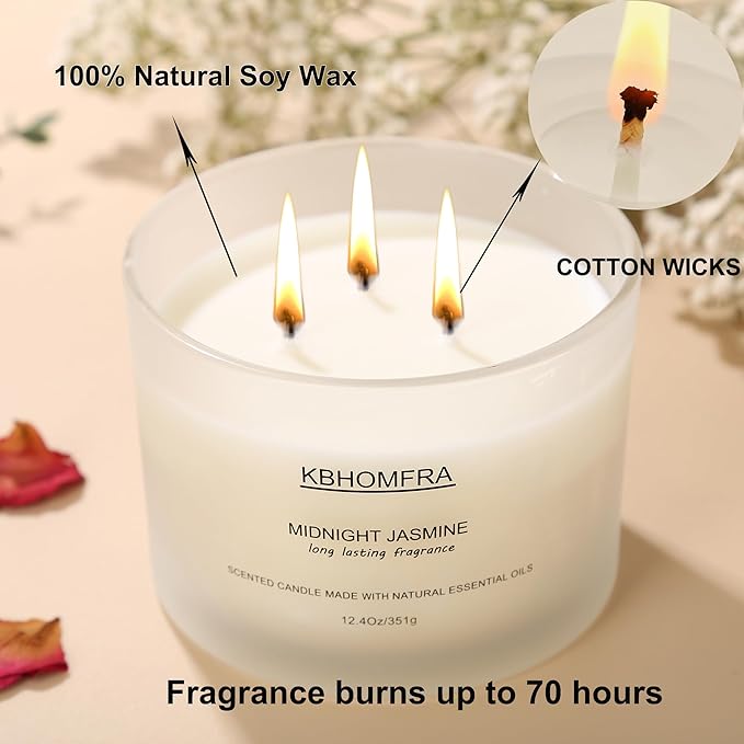 Scented Candle for Home,Jasmine Fragrant, Soy Wax 12.4oz Large Capacity,3-Wick 70 Hours Burn,for Festival Luxury Gift,Sleep Decor Relaxation Ambience