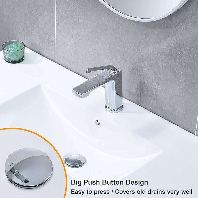 Universal Bathroom Sink Stopper, 1.1~1.5" Sink Drain Stopper, Full Size Bounce Bullet Type Pop Up Basin Drain Strainer, Chrome Anti-Clogging Sink Drain Filter with Hair Catcher (Silver)
