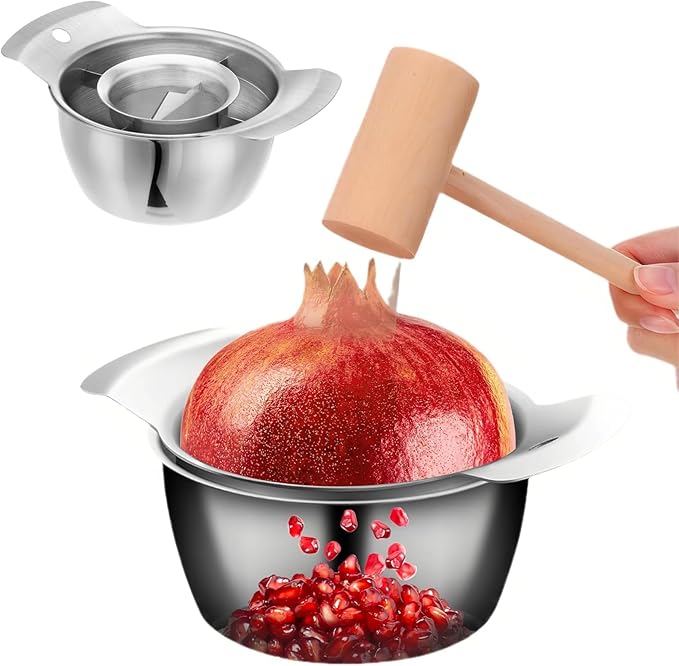 304 Stainless Steel Pomegranate Peeling Tool, 2026 New Pomegranate Deseeder Tool, High-Efficiency Pomegranate Peeler with Bowl & Wooden Hammer, for Home Kitchen