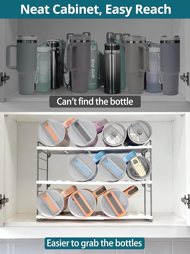 Upgraded Large Expandable Water Bottle Organizer for 40 oz Stanley, Owala & Yeti Tumblers, Adjustable Storage Rack for Travel Mug Cabinet, Pantry, and Kitchen Organization, Fits 20/30 oz Bottles Too