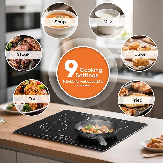 24 Inch Induction Cooktop 4 Burners, 6600W Built-in Induction Stovetop, 4 Power Boost Burners Electric Cooktop, Child Lock, 9 Power Levels, Timer, Touch Control 220-240V Hard Wire