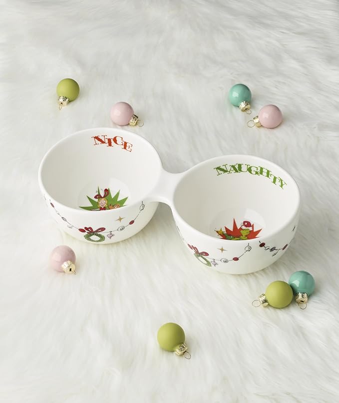 Lenox 898095 Merry Grinchmas Naughty or Nice Double Dip Bowl, Christmas Dish, Festive Holiday Serveware