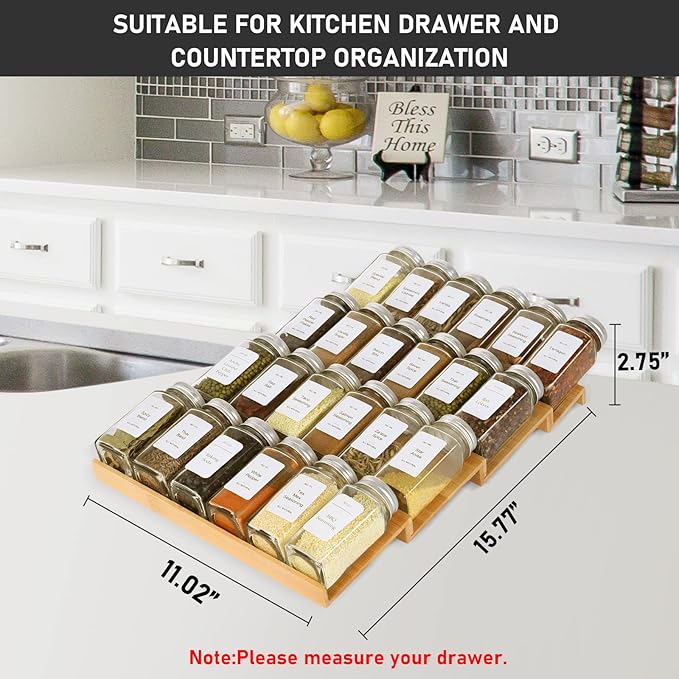 Spice Drawer Organizer with 20 Spice Jars,216 Labels,25 Non-slip Rubber, Bamboo 4 Tier Seasoning Rack Tray Insert for Kitchen Drawers,Cabinets,Countertop,11" Wide x 15.8" Deep
