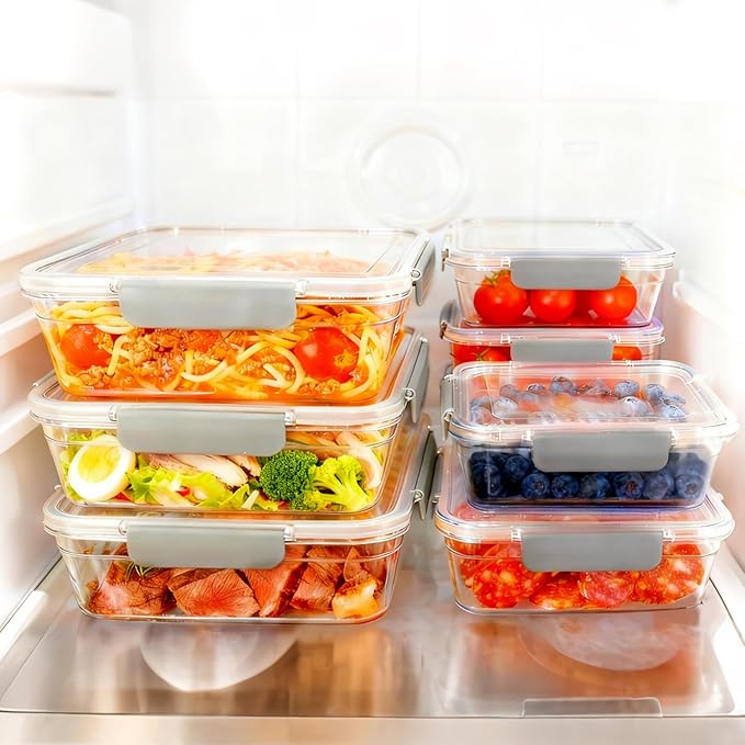 Tritan Plastic Food Storage Containers, Airtight Tritan Plastic Locking for Fridge Freezer, Meal Prep, Deli Meat, Snacks, 8 Containers with Lids, 16 pieces, Clear