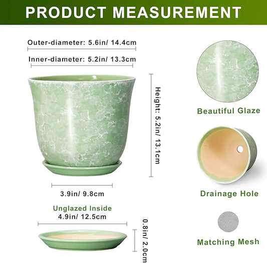 Ceramic Plant Pots - 5.6 Inch Plant Pot with Drainage Hole and Saucer, Round Orchid Succulent Pots for Indoor Outdoor, Small Modern Planter, Desk Window Room Decor, Green