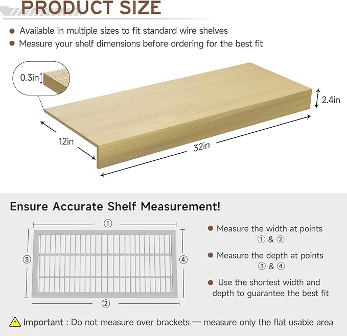 Wooden Wire Shelf Covers for Pantry & Closet – Wire Rack Covers for Shelves, Durable Wood Shelf Covers for Kitchen, Laundry Room, Storage Organization(Yellow Oak,32in*12in)