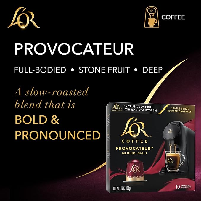 L'OR Coffee Pods, 10 Count Provocateur Medium Roast Blend, Single-Serve Aluminum Coffee Capsules Compatible with the L'OR BARISTA System & *Nespresso Original Machines, 10 count (Pack of 1)