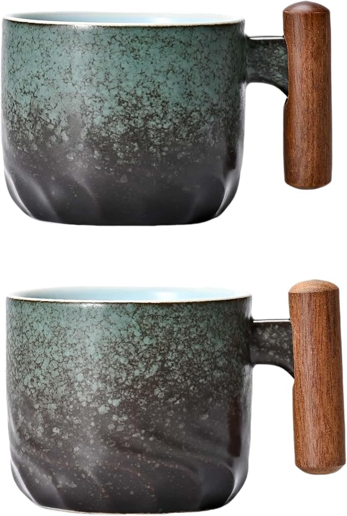 Porcelain Espresso Cups Set of 2, Small Tea Cups, 2 oz Ceramic Espresso Cups with Wooden Handle