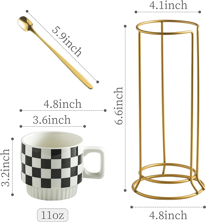 Stackable Coffee Mug Set of 4 with Rack 11 oz Tea Cup Set with Little Spoon for Coffee Tea Cocoa Milk, Checkered Black and White Pattern Coffee Mug for Housewarming Gift