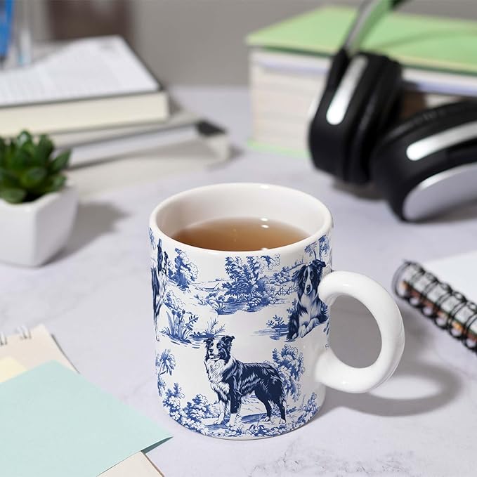 Border Collie Blue French Toile Mug, Border Collie Lover Gifts for Women, Blue Chinoiserie Toile Coffee Cup, Dog Lovers Tea Coffee Mug Birthday Gifts for Dog Owners, 11oz