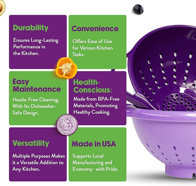 Crisp 2-Piece Mini Colander Berry Baskets With Handles - Food Strainers For Kitchen - Small Colander For Berries, Strawberry & Grape - Dishwasher Safe Berry Strainer - Made in the USA - Purple