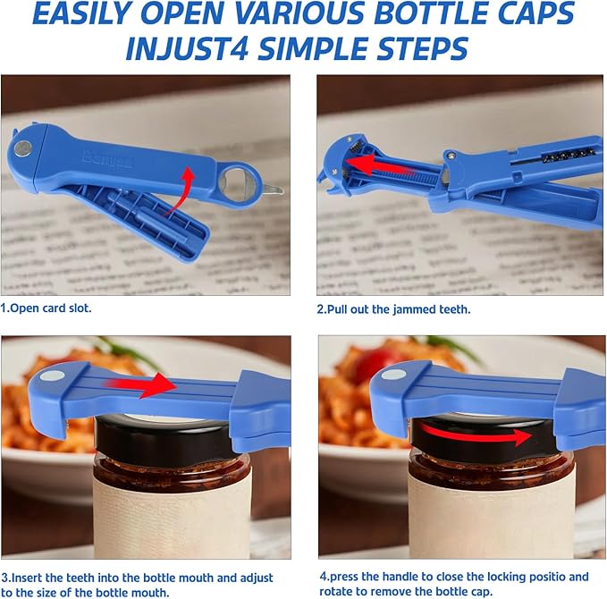 7 in 1 Jar Opener Bottle Opener and Wine Opener for Seniors with Arthritis, Weak Hands, Multi Retractable Magnetic Can Opener, Original Kitchen Lid Opener Tool (Blue)