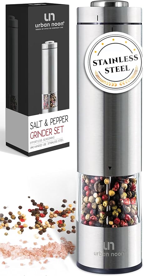 Electric Salt and Pepper Grinder - Battery Operated Stainless Steel Pepper Mill with Light - Automatic One Handed Operation - Electronic Adjustable Shaker - Ceramic Grinder