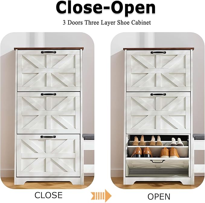 Shoe Storage Cabinet with Bench, Farmhouse Shoe Organizer with Barn Door Design, Space-Saving Hidden Narrow Shoe Rack Cabinet for Entryway, Hallway & Foyer，White