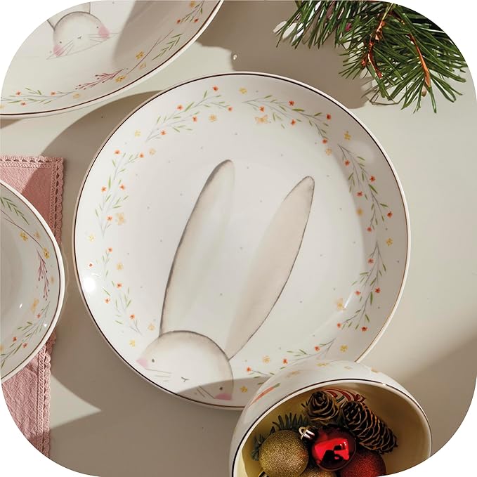 Corona 12-piece thematic and modern Ceramic Dinnerware Sets | Plates and Bowls | Service For 4 | Blossom Bunny chritmas