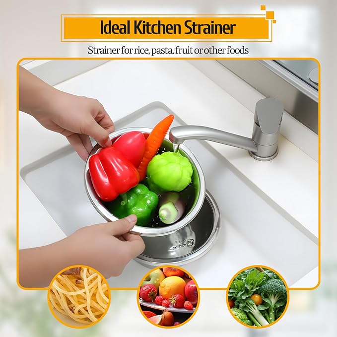304 Stainless Steel Colander 5 Quart Large Capacity with Mixing Bowl, Large Bowl for Kitchen, Rice Strainer for Fruit Vegetable Washing, Pasta Straining and Food Mixing