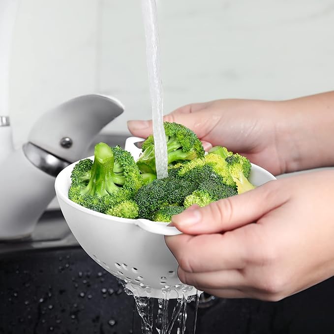 Meadow Lane 6-inch Small Colander, BPA-Free, Dishwasher Safe, Double Handles, Compact Food Strainer for Berries, Veggies and Pasta, 3-Cup Capacity, Green and White, 2-Pack