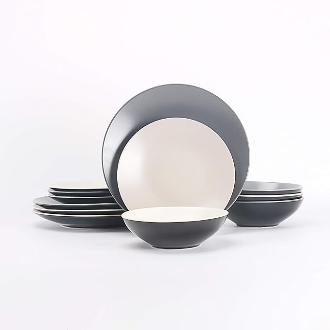 Colors Life 12pc Dinnerware Set, Very Cool - 4 Assorted Colors Grey, Light Grey, Light Beige and White