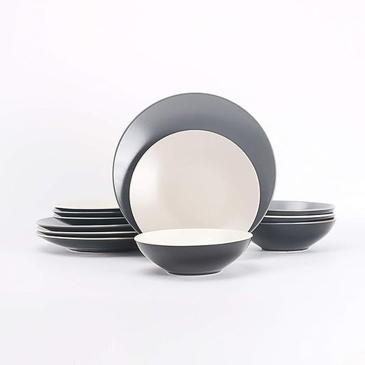 Colors Life 12pc Dinnerware Set, Very Cool - 4 Assorted Colors Grey, Light Grey, Light Beige and White