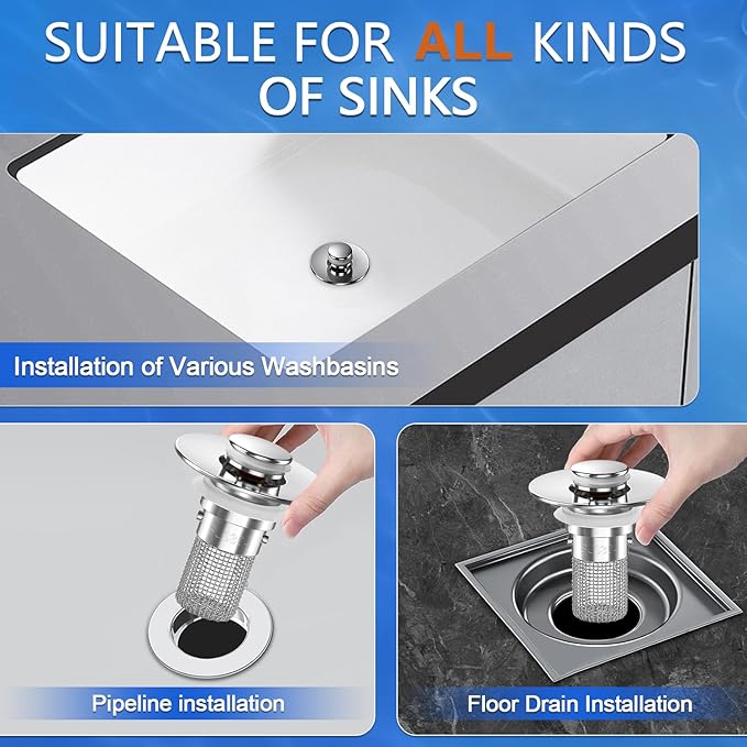 Sink Stopper Hair Catcher, Pop-up Sink Drain Strainer with Removable Stainless Steel Strainer Basket Hair Catcher, Bathroom Sink Strainer for Bathroom Sink Stopper Replacement