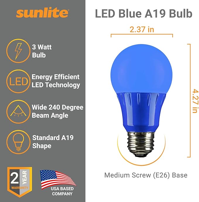 Sunlite 40468 LED A19 Colored Light Bulb, 3 Watts (25w Equivalent), E26 Medium Base, Non-Dimmable, UL Listed, Party Decoration, Holiday Lighting, 6 Count, Blue