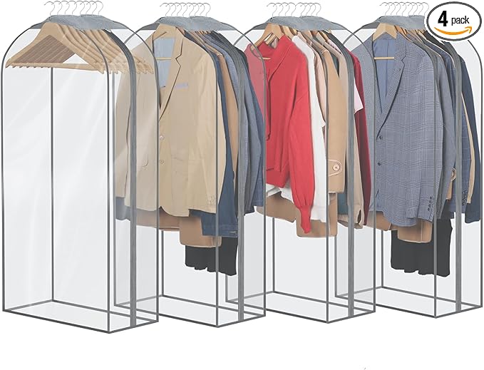 Zilink Breathable Garment Bags for Fur Coat 43” Suit Bags for Closet Storage Clear Leather Jacket Covers for Hanging Clothes with 10" Gussted Wrinkle Free for Leather Jacket, Fur Coat, Dress, Set of 4