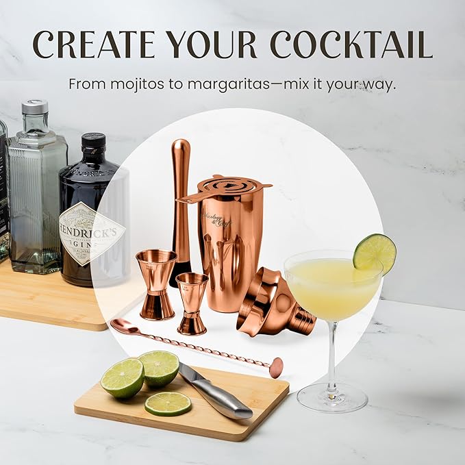 Mixology & Craft 11-Piece Cocktail Shaker Set, Bartender Kit with Stand, Stainless Steel Bar Tools, Dual Jiggers, Muddler & Pourers, Wood Display for Home Bar - Gift Ready (Copper)