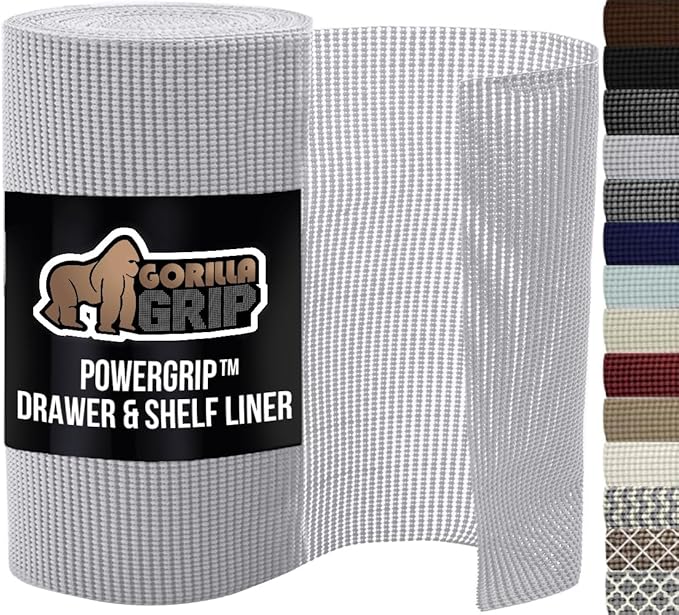 GORILLA GRIP powerGRIP Drawer Shelf and Cabinet Liner, Thick Strong Hold, Non-Adhesive Liners Protect Kitchen Cabinets and Cupboard, Bathroom Drawers, Easy Install, Breathable Mat, 24" x20' Light Gray