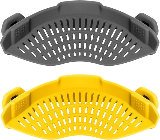 AUOON Clip on Strainer,2 PACK Silicone Food Strainer Pasta Drainer for Pasta,Spaghetti,Ground Beef Grease,Easy to Use Universal Size Fit for all Pots and Bowls(GrayYellow)