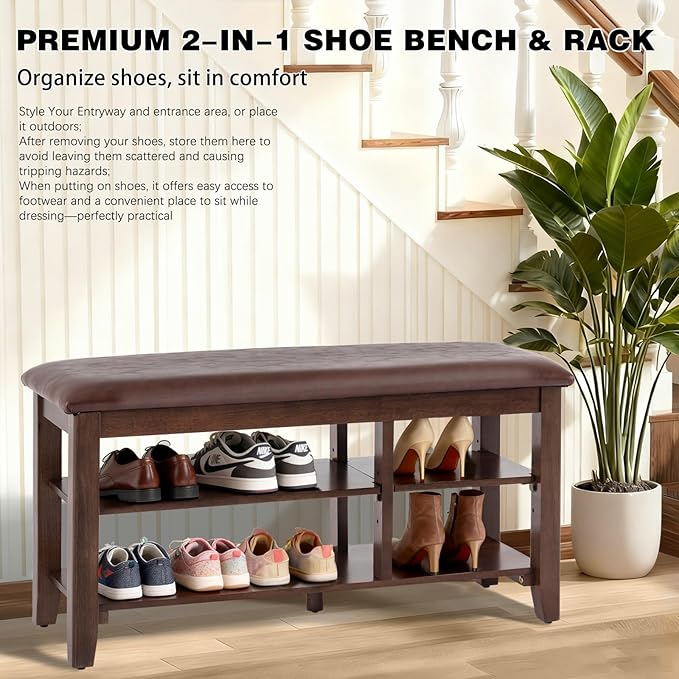 PY HOME & SPORTS Shoe Rack for Entryway 47": 2-Tier Shoe Storage Bench, Adjustable/Removable Shelves, Rubberwood Shoe Benches for Hallway, Porch, Bathroom, Brown