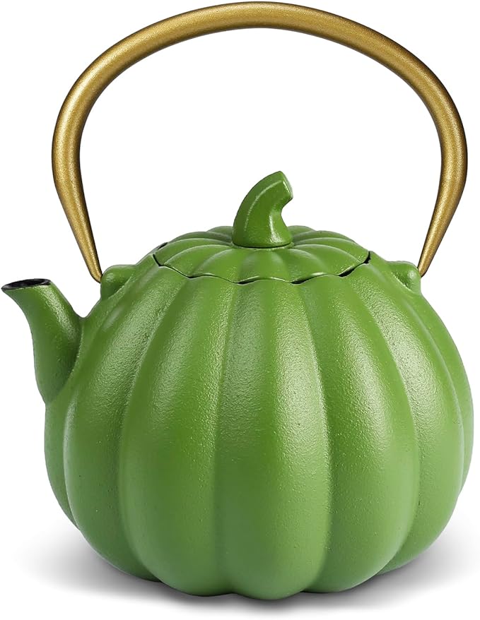VICSKY Pumpkin Cast Iron Teapot (40 oz/1200 ml), Cute Natural Pumpkin Shape, Cast Iron Tea Kettle with Enamel Coated for Loose Tea Leaf, Stovetop Safe(Light Green)