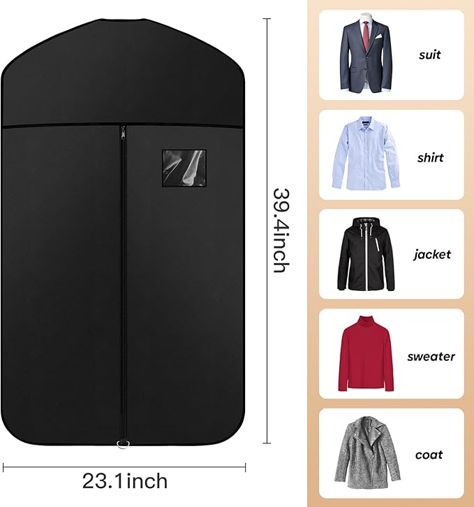 Premium Oxford Fabric Garment Bag Hanging Clothes Travel Suit Bag with Clear Window for Suits, Coats, T-Shirts, Jackets. (Black, 40-inch-4 packs)