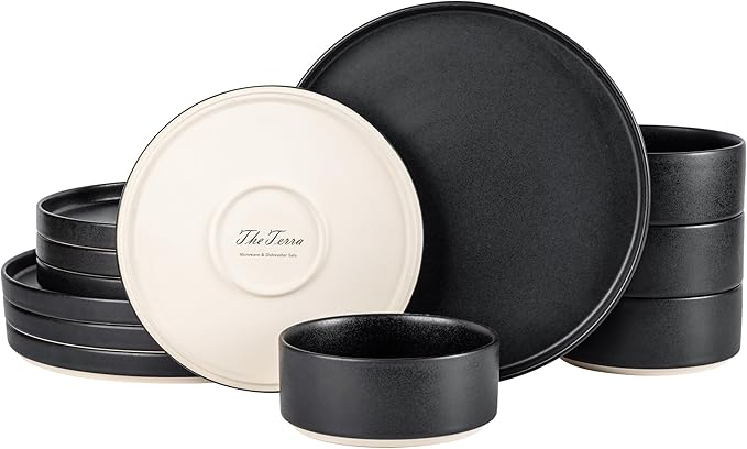 TheTerra Ceramic Dinnerware Sets for 4, 12 Pieces Handmade Reactive Glaze Plates and Bowls Set, Scratch Resistant Dish Set, Oven & Microwave & Dishwasher Safe, Matte Black