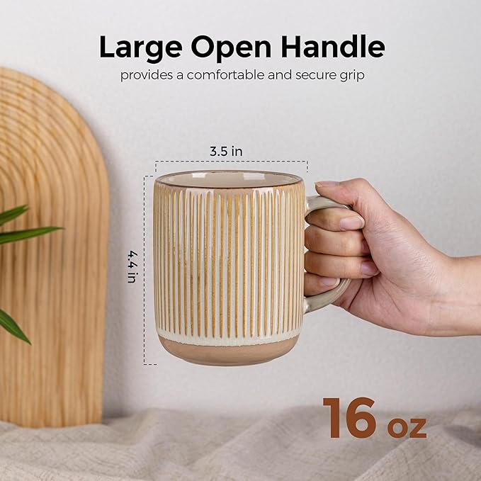 GBHOME Large Coffee Mugs Set of 4, 16oz Handmade Stoneware Coffee Mugs Set with Large Handle for Cappuccino/Latte/Tea/Hot Cocoa, Dishwasher & Microwave Safe-Pale khaki